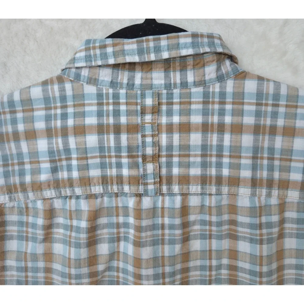 The North Face Plaid Button Down Men Large Blue Tan Excellent Short Sleeve Shirt